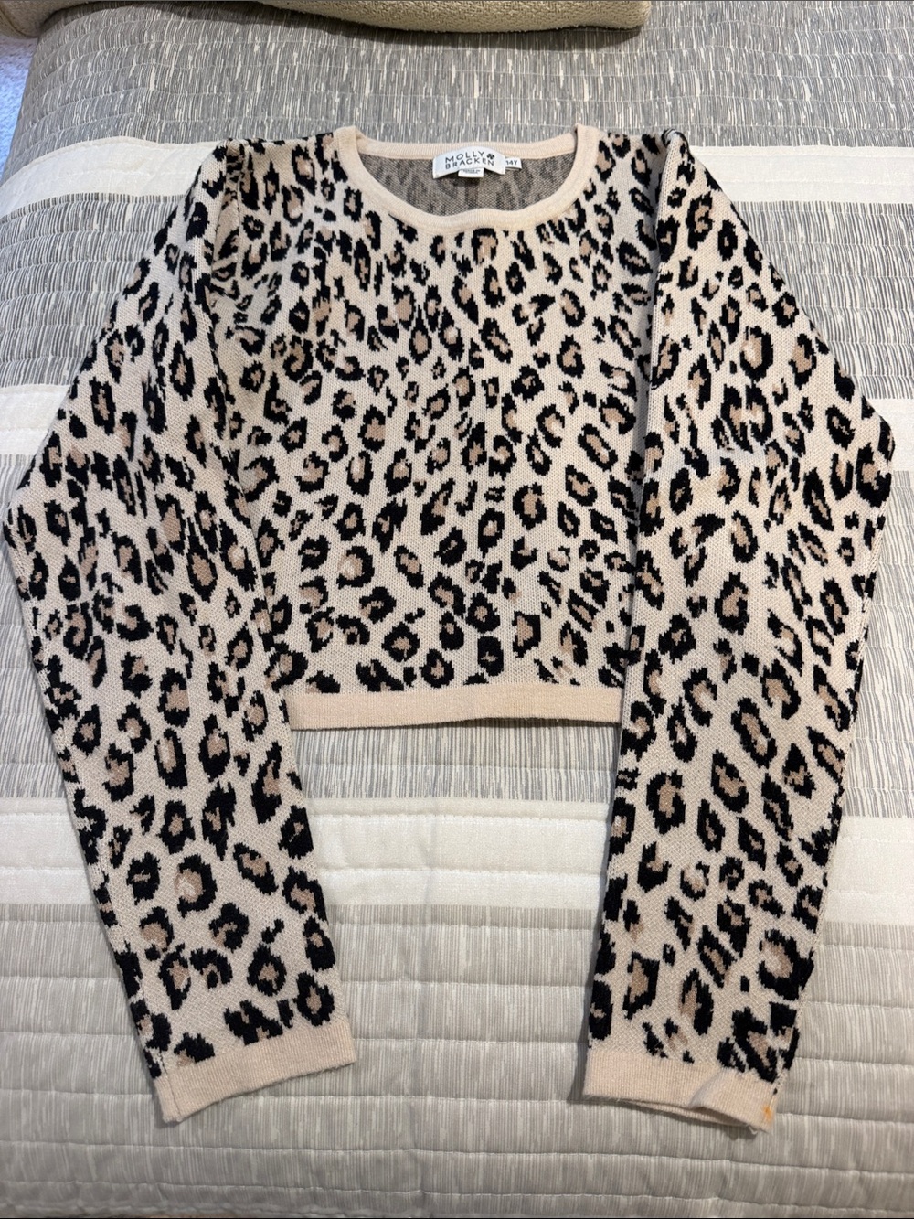 Molly Bracken Black and Beige Leopard Print Cropped Sweater